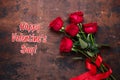 Red rose flowers bouquet on wooden background Valentine`s day greeting card Copy space Top view Royalty Free Stock Photo