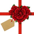 Red rose flowers heart and a ribbon with tag Royalty Free Stock Photo