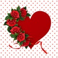 Red rose flowers on heart shape paper card