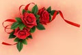 Red rose flowers and silk ribbon bow corner arrangement Royalty Free Stock Photo