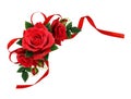 Red rose flowers and silk ribbon bow in corner arrangement Royalty Free Stock Photo