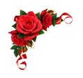 Red rose flowers and silk ribbon in corner arrangement Royalty Free Stock Photo