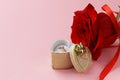 Red rose with a gold ring with a diamond Royalty Free Stock Photo