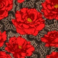 Red Rose, Lace Seamless Pattern.