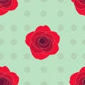 Red rose on light green mint and dot background seamless pattern .
