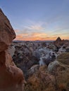 Bright red and rose limestone hills in Cappadocia, Turkey