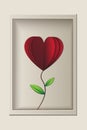 Red rose look like heart shape in the frame, papercut vector