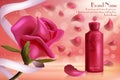 Red rose luxury cosmetics skincare vector illustration, face or body skin care cream gel in glass bottle and beautiful