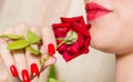 Red rose, red manicure and red lips Royalty Free Stock Photo