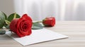 one red rose and white paper on the wooden table, bright blur background Royalty Free Stock Photo