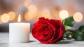 one red rose, candle on the table, bright blur background