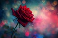 A red rose in a mystical setting, with a background that is a dreamlike blur of ethereal colors.