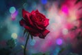 A red rose in a mystical setting, with a background that is a dreamlike blur of ethereal colors.
