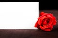 Red rose near blank gift card for text on old wood background Royalty Free Stock Photo