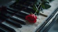 Red rose on old piano keys in dim light. romantic, melancholic mood. perfect for music, love themes. vintage style