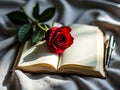 Red Rose on Open Blank Notebook with Pen Royalty Free Stock Photo