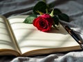 Red Rose on Open Blank Notebook with Pen Royalty Free Stock Photo