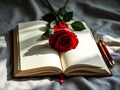 Red Rose on Open Blank Notebook with Pen Royalty Free Stock Photo