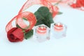 Red rose and a pair of candles on a white background.photo with Royalty Free Stock Photo