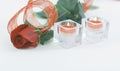 Red rose and a pair of candles on a white background.photo with