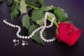 Red rose, pearls earrings and necklace on a black background