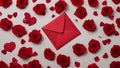 red rose petals background A red envelope heart shaped seal and letter inside. The envelope is lying on a bed of red roses Royalty Free Stock Photo