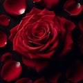 Red rose and petals on a black background. Close-up. Royalty Free Stock Photo