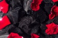 Red rose petals on black charcoal texture background Royalty Free Stock Photo