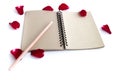 Red rose with petals and brown notebook isolated Royalty Free Stock Photo