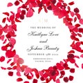 Red rose petals falling in the air on white romantic vector card. Round wedding celebration design