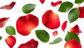 red rose petals falling or floating in the air isolated on white background with green leaves. Generative AI Royalty Free Stock Photo