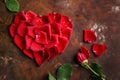 Red rose petals in heart shape on dark brown and golden background. Love, romance, anniversary, valentine`s day concept Royalty Free Stock Photo