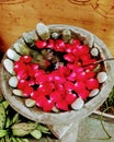 Red rose petals on the rock floating in water of love. Royalty Free Stock Photo