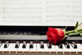 Red rose on piano keys and music book Royalty Free Stock Photo