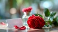Red rose placed beside a blank message card on a softly lit table Royalty Free Stock Photo