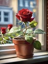 red rose in plant pot on window sill in urban setting