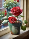 red rose in plant pot on window sill in urban setting