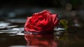 Red Rose in a Pond with Water Lilies and Foliage