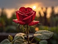 Red rose with raindrops in the garden, close-up Royalty Free Stock Photo