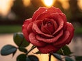 Red rose with raindrops in the garden, close-up Royalty Free Stock Photo