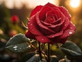 Red rose with raindrops in the garden, close-up Royalty Free Stock Photo