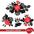 Red rose roses composition silhouette bouquet with black leaf leafs and bud, isolated on white vector clip art illustration