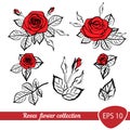 Red rose roses composition silhouette bouquet with black leaf leafs and bud, isolated on white vector clip art illustration