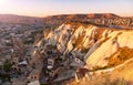 Valley of rocks formations of Cappadocia at sunset.