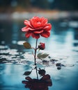 A red rose with water droplets floating on water with dark moody lighting Royalty Free Stock Photo