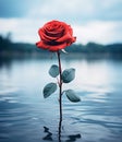 A red rose with water droplets floating on water with dark moody lighting Royalty Free Stock Photo