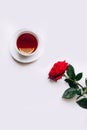 Red rose on a white background, cup of tea by March 8 Royalty Free Stock Photo