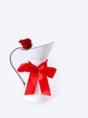 Red rose white background pitcher carafe flower milk jug gift Valentine`s day greeting card bow ribbon knot