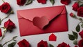 Red Rose White Background A Red Envelope With A Heart Shaped Seal And A Letter Inside. The Envelope Is Lying On A Bed Of Red Roses
