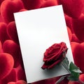 a red rose on a white blank piece of paper. an empty layout is a blank valentine& x27;s card or a letter from lovers, an